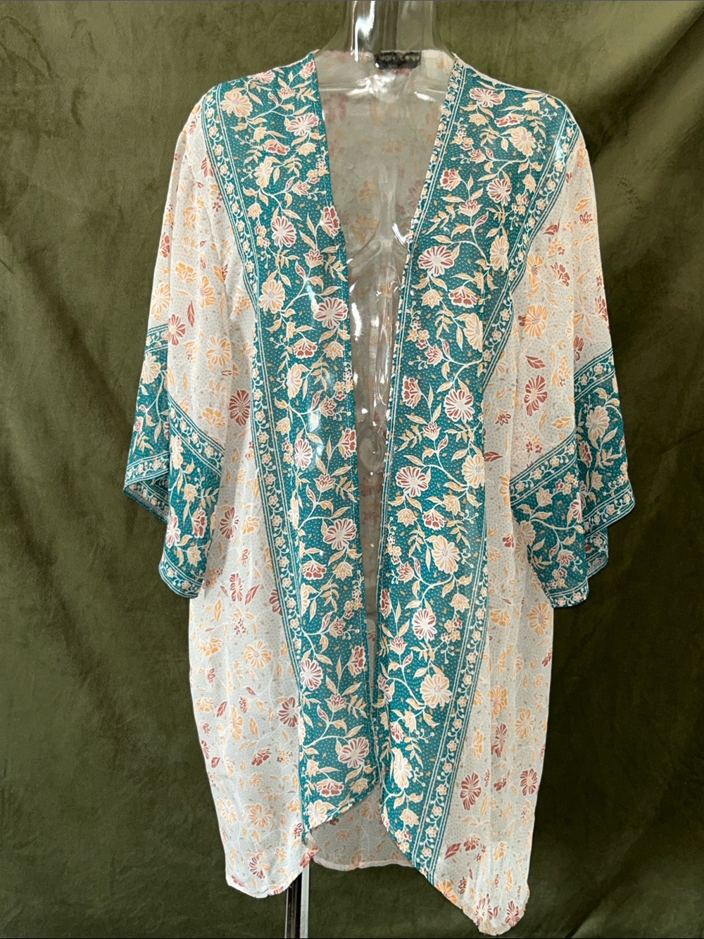 Teal Floral Open-Front Kimono